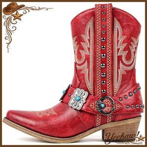 Women's Ankle Boots Western Embroidery Studded Block Heel Faux Leather